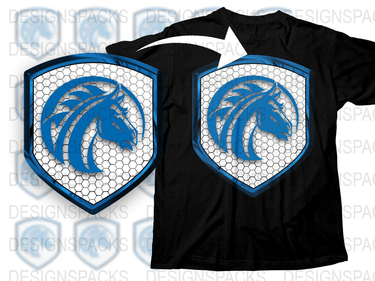 Men's Black T-Shirt with Blue Horse Shield Graphic, Stylish Cotton Tee, Unique Animal Emblem Design