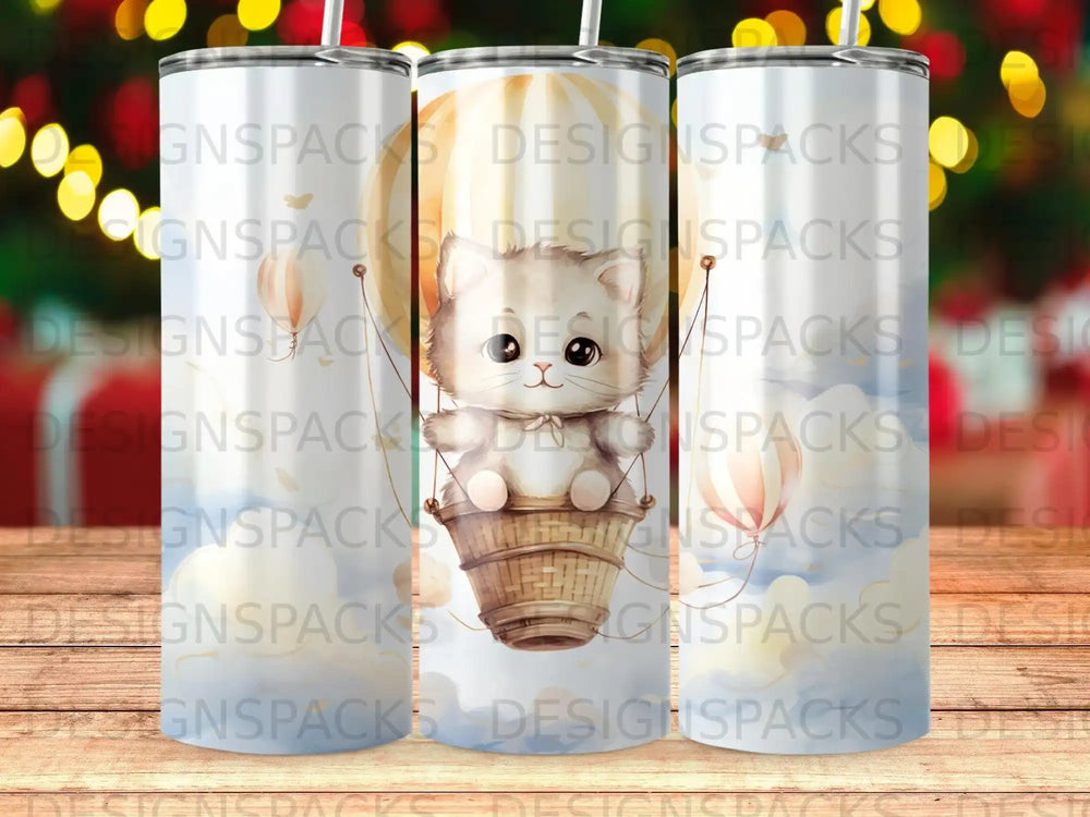 Cute cartoon kitten in a hot air balloon basket with clouds.