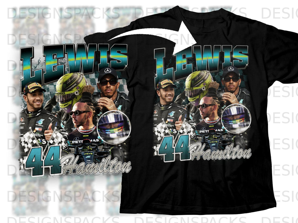 Lewis Hamilton graphic with racing cars, checkered flags, and text "44 Hamilton".