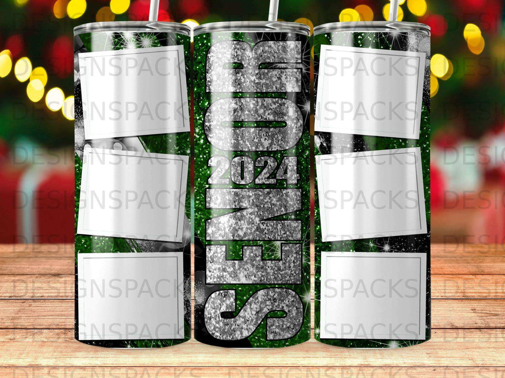Senior 2024 tumbler with green glitter and black lid.