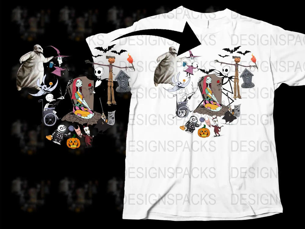 Halloween T-Shirt, Spooky Ghosts and Pumpkins, Cartoon Witch Design, Black and White Tee, Unisex Adult and Kids Sizes Available