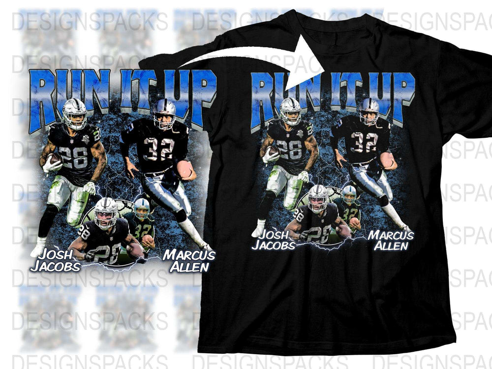 Run It Up Football T-Shirt, Josh Jacobs Marcus Allen Graphic Tee, Sports Fan Apparel, Black Shirt for NFL Lovers