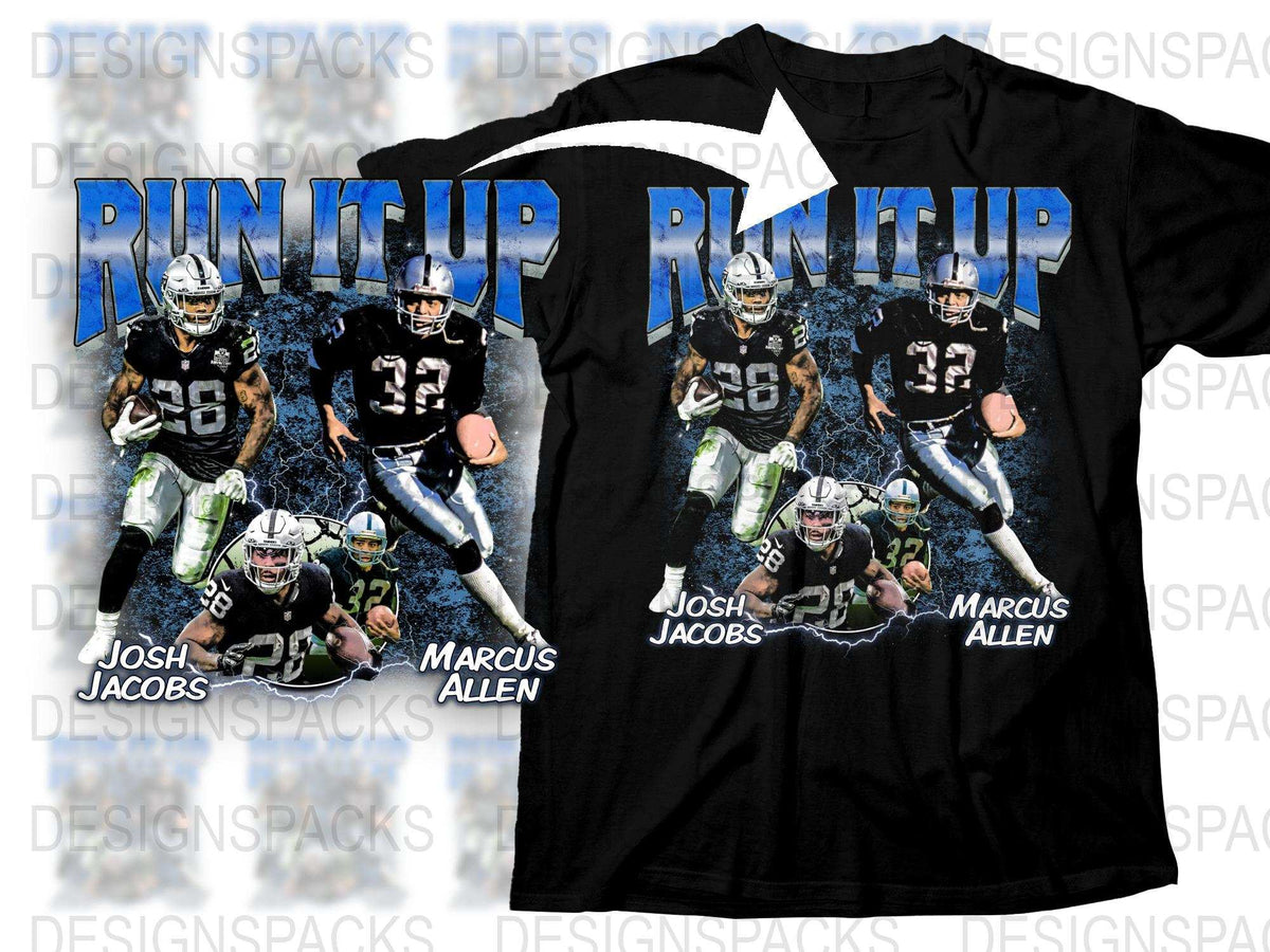 Run It Up Football T-Shirt, Josh Jacobs Marcus Allen Graphic Tee, Sports Fan Apparel, Black Shirt for NFL Lovers