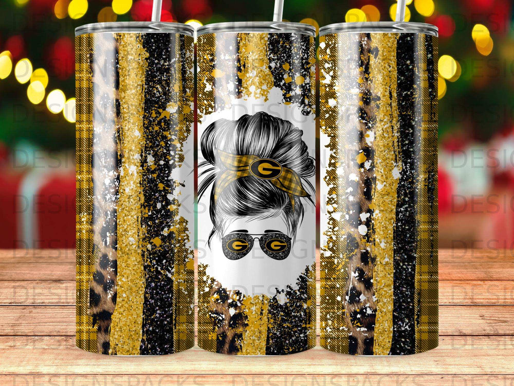 Glittery green and gold plaid tumbler with leopard print and messy bun graphic.