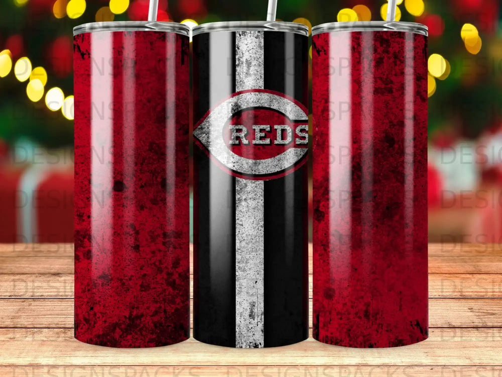Cincinnati Reds logo on three grunge-textured tumblers.