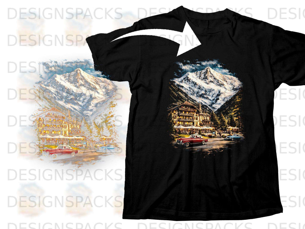 Black t-shirt featuring a scenic mountain village with vintage cars on a road.