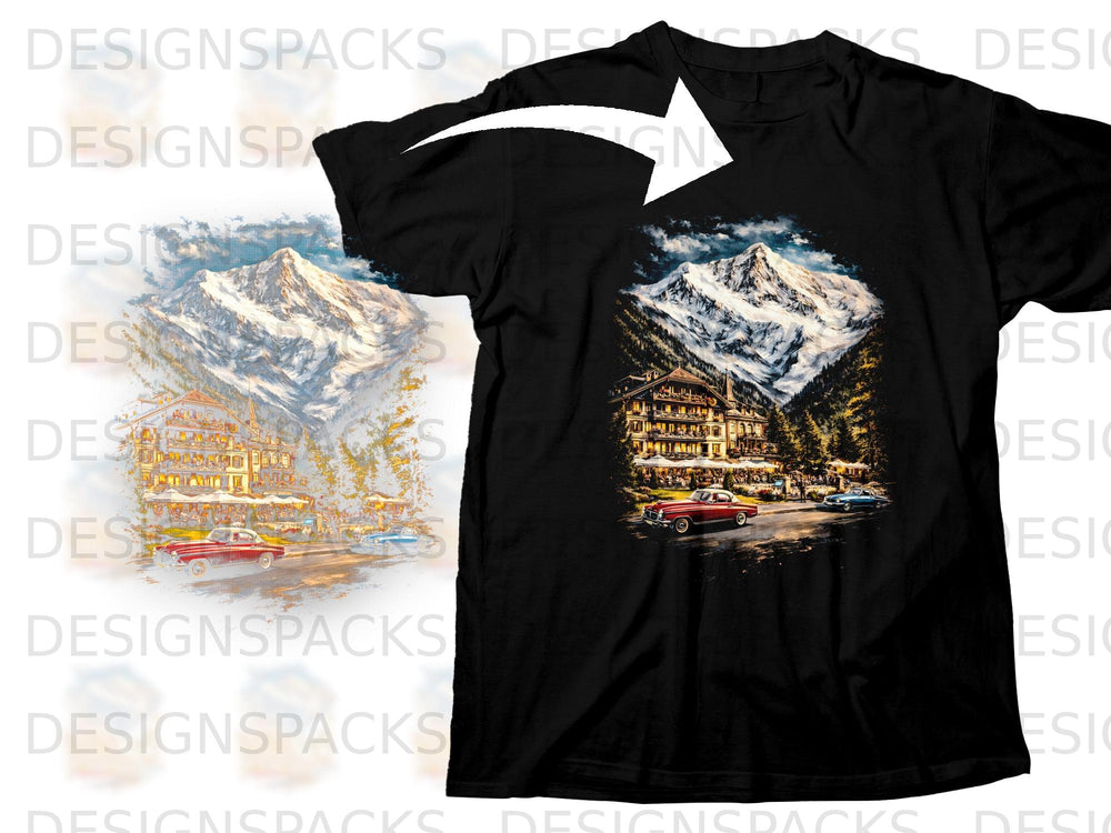 Black t-shirt featuring a scenic mountain village with vintage cars on a road.