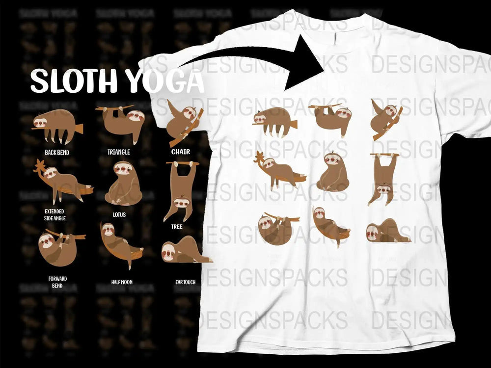 Sloth Yoga Poses T-Shirt, Cute Animal Print, Funny Yoga Gift, Unisex Graphic Tee, White Cotton Shirt