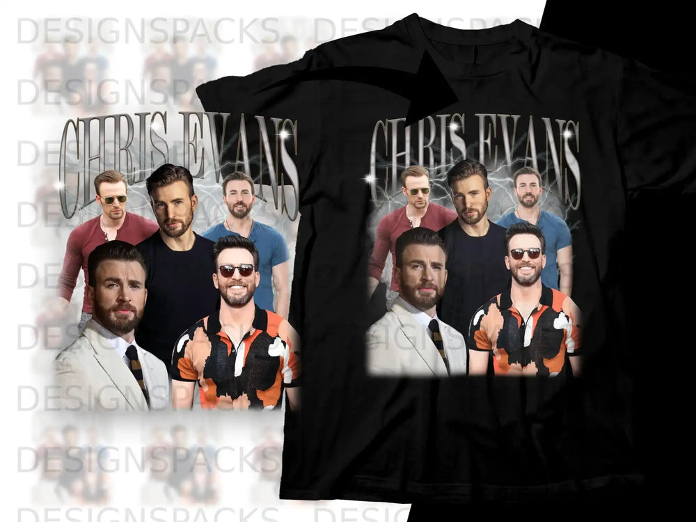 Collage of Chris Evans in different outfits, with "CHRIS EVANS" text.