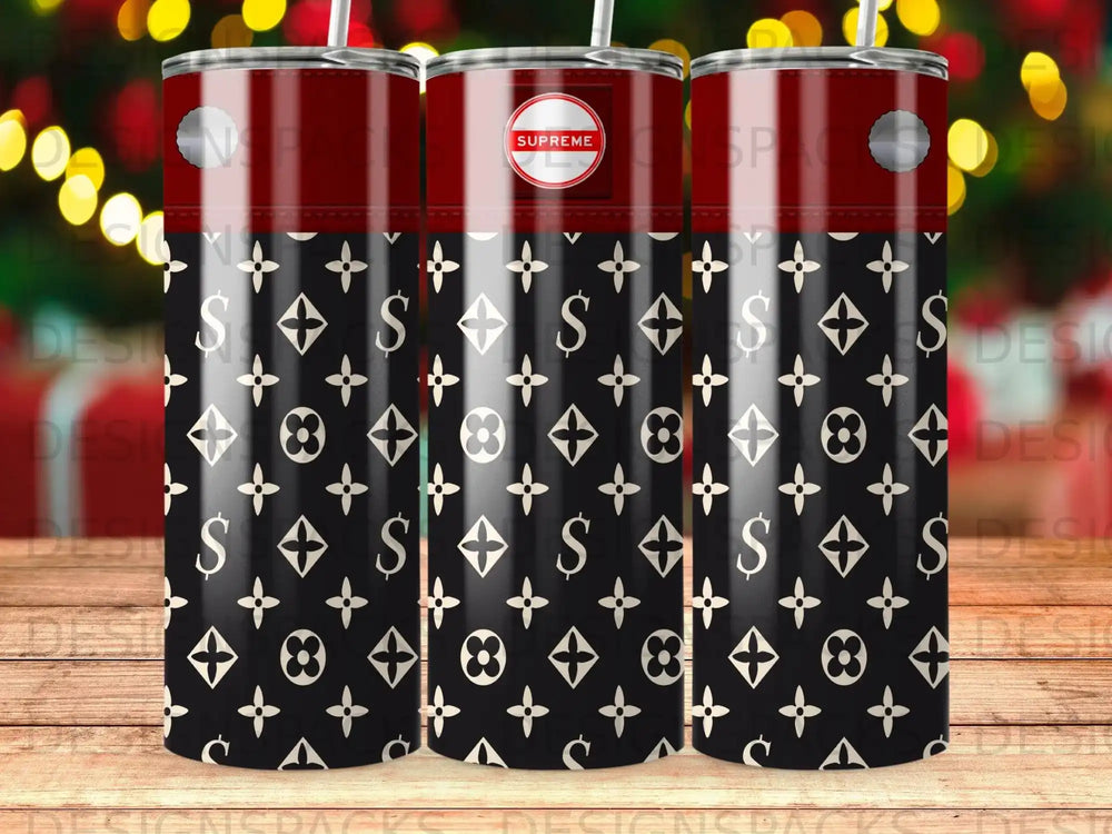 Three tumblers with Supreme logo and Louis Vuitton-inspired pattern.