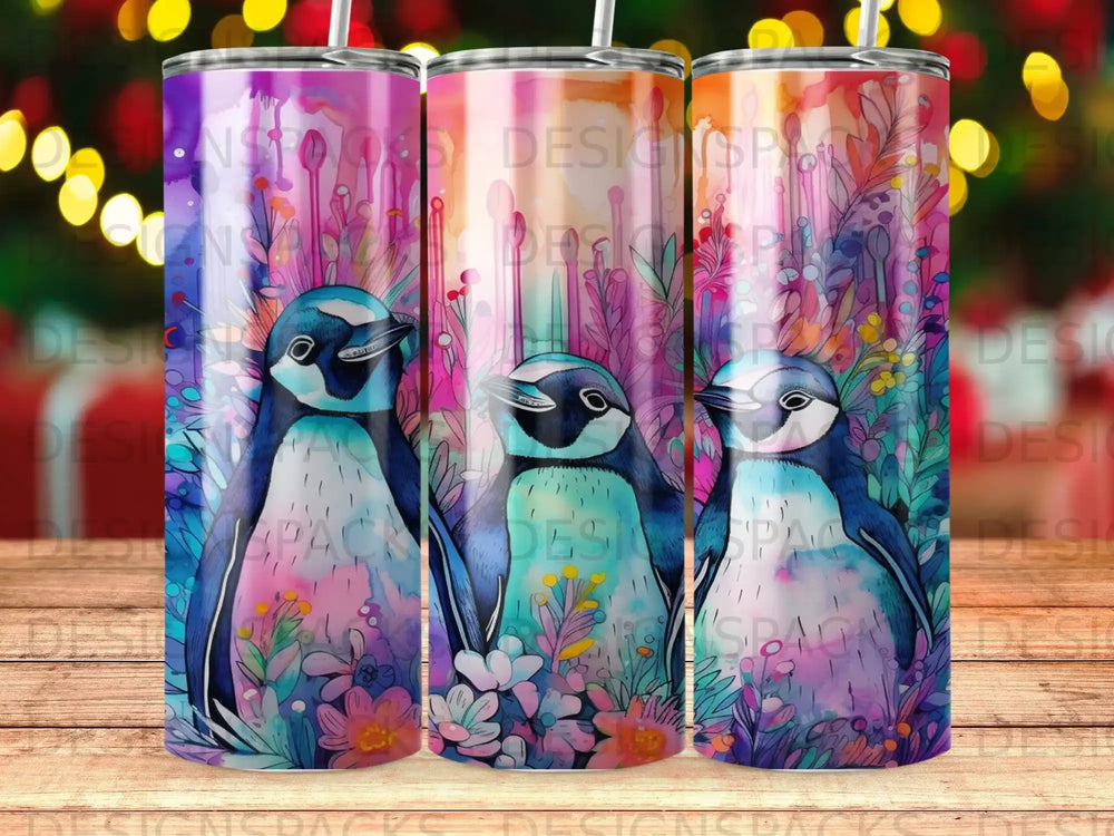 Three watercolor penguins stand among colorful flowers and abstract shapes.