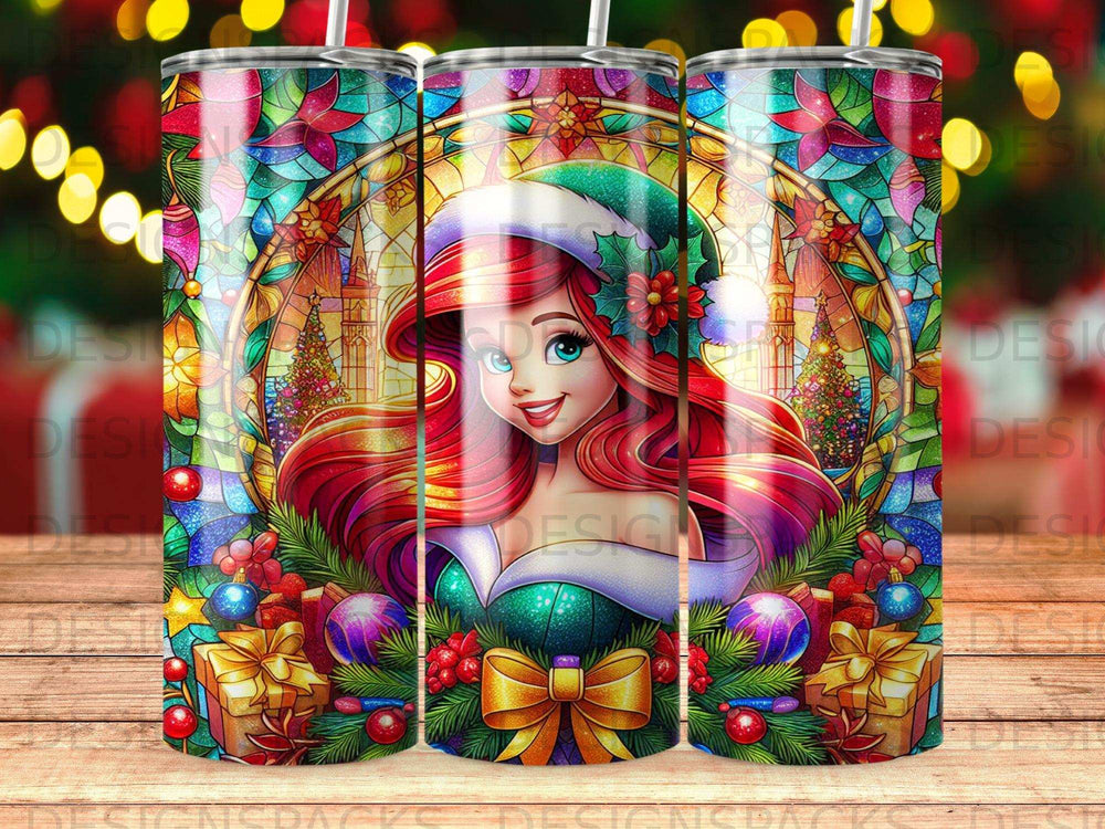 Christmas tumbler wrap with Ariel, presents, and stained glass window.