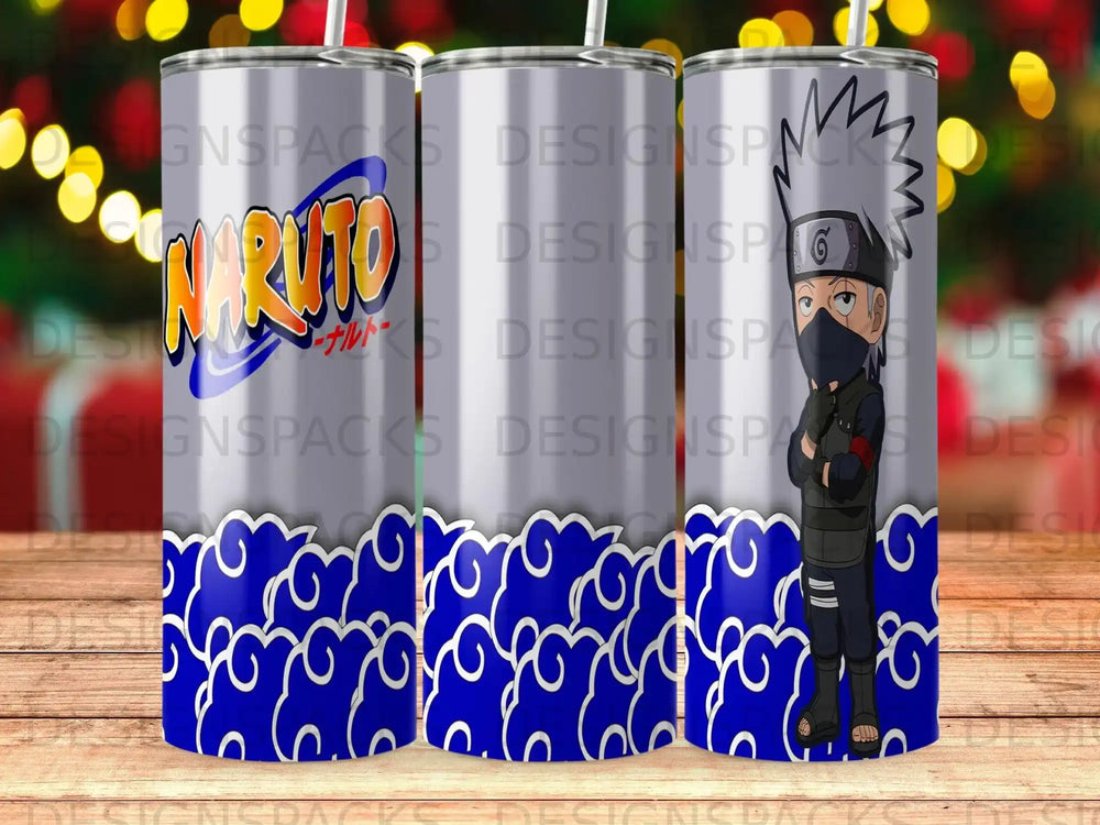 Naruto character Kakashi Hatake on a metallic tumbler with blue cloud design.