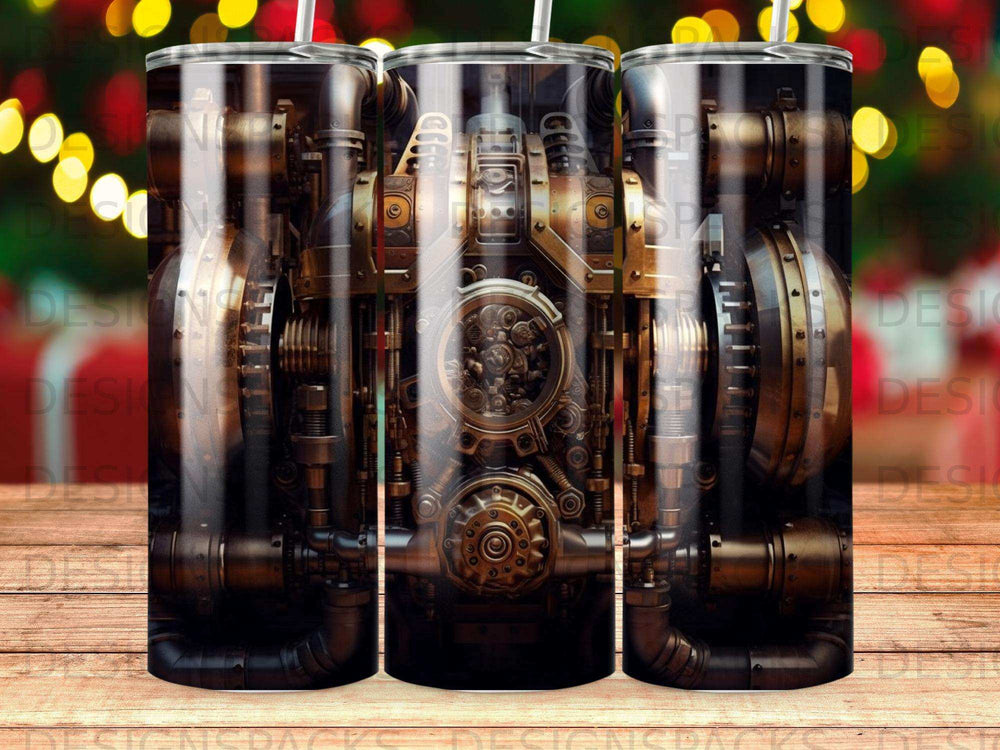 Steampunk mechanical gears and clockwork detail on a tumbler.
