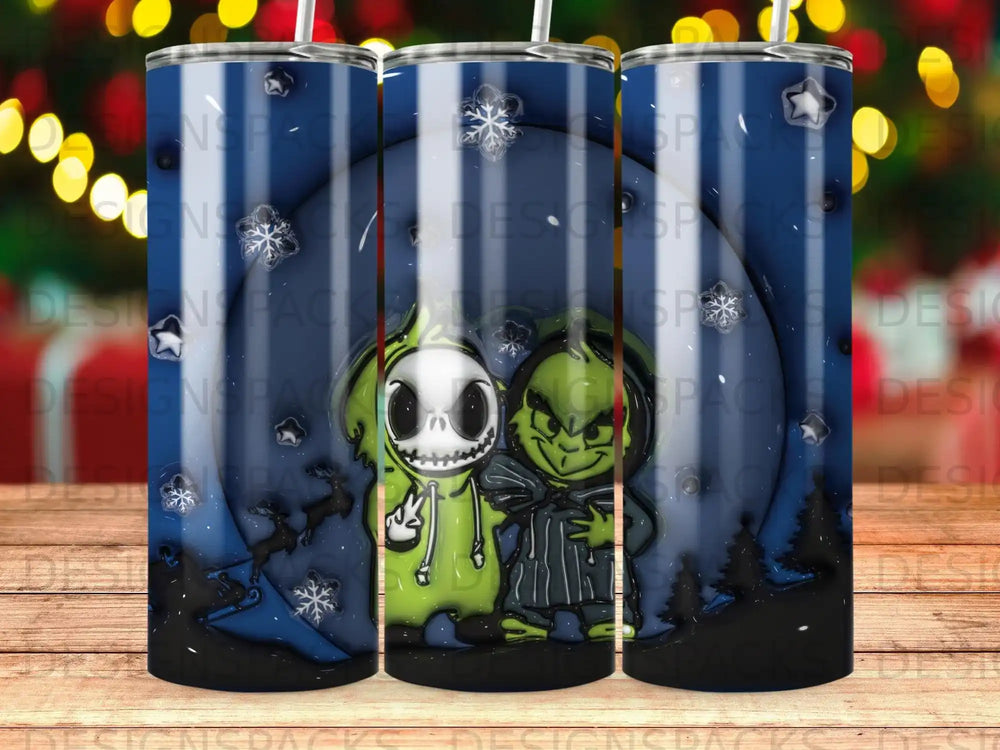 Jack Skellington and The Grinch characters with snowflakes against a dark moonlit background.