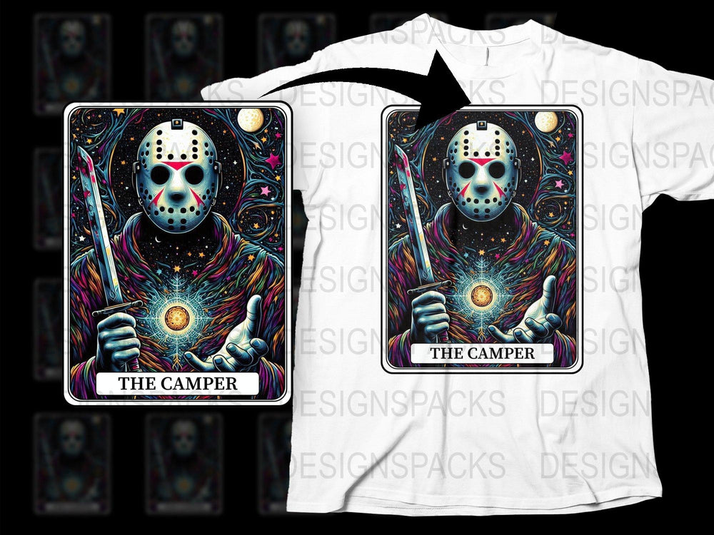 Jason Horror Mask Space Galaxy Design T-Shirt, The Camper Cosmic Graphic Tee, Unisex Horror Movie Fan Apparel