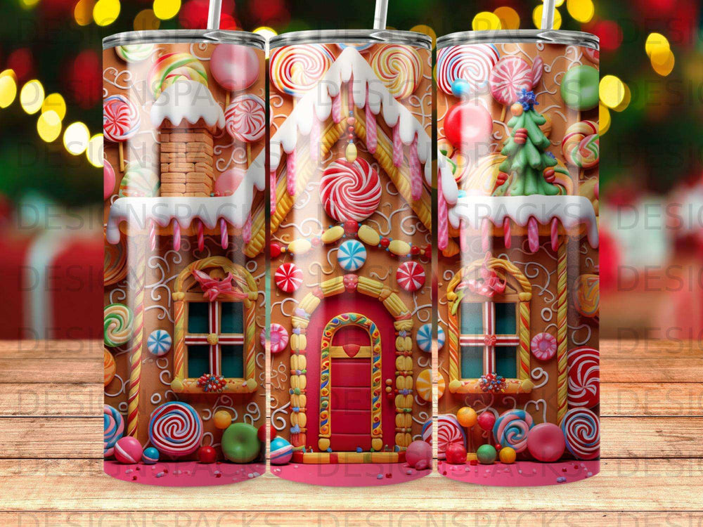 Gingerbread house tumbler with candy decorations and festive lights.