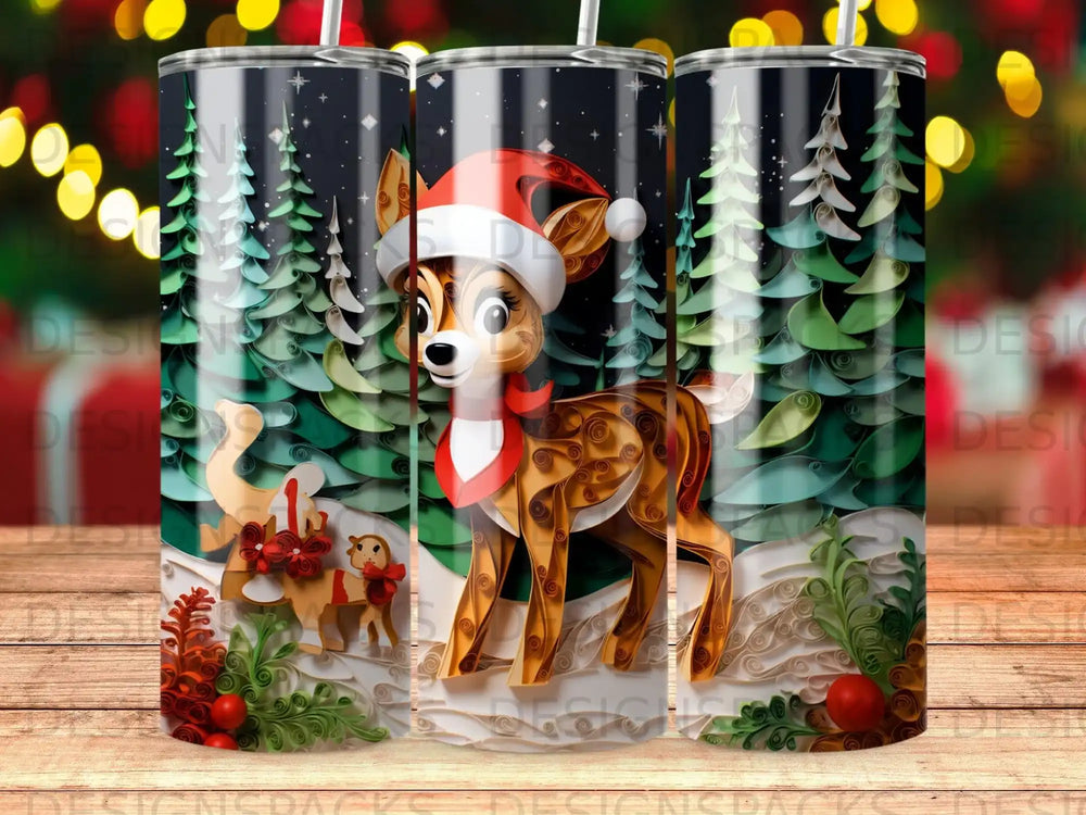 Christmas tumbler featuring a deer in a snowy forest scene with festive lights.