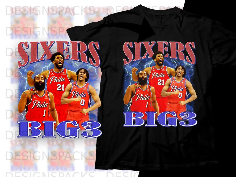 Philadelphia 76ers "BIG3" t-shirt design featuring players Joel Embiid, Ben Simmons, and Jimmy Butler.