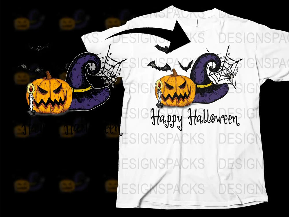 Happy Halloween T-Shirt with Pumpkin and Witch Hat Design, Spooky Holiday Apparel, Unisex Adult Sizes
