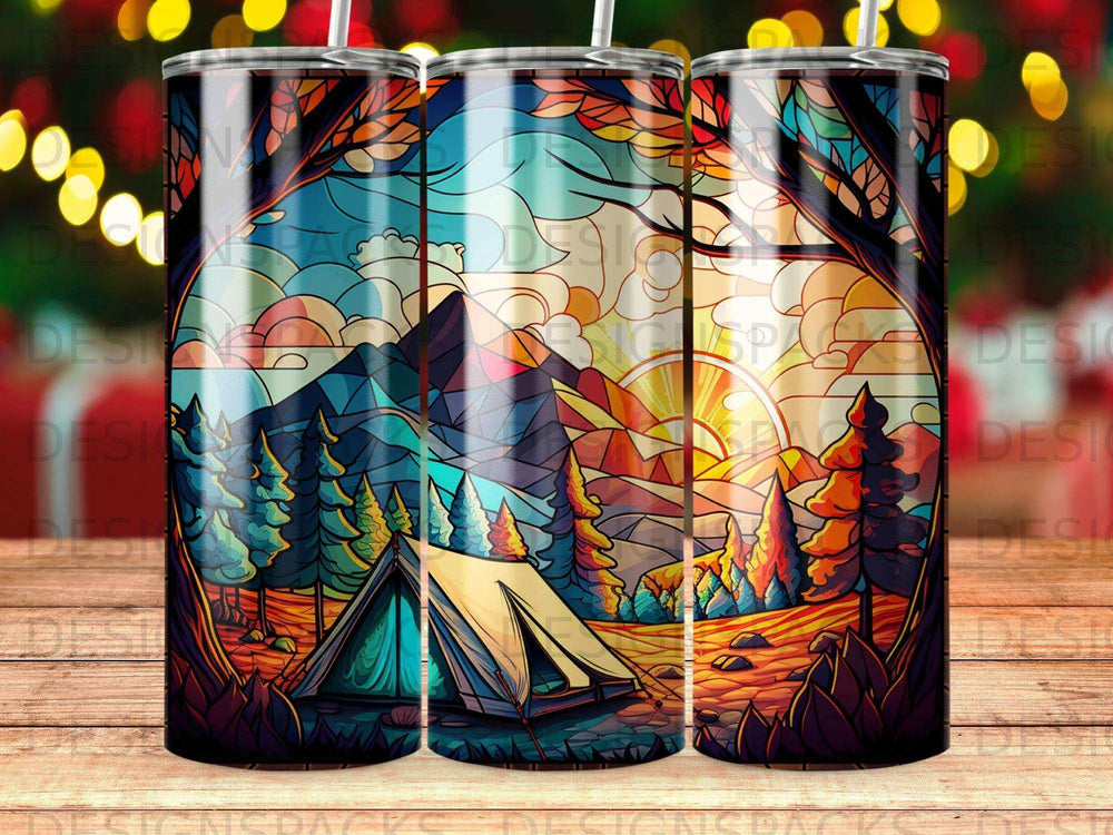 Tent at sunset in colorful stained-glass forest scene.