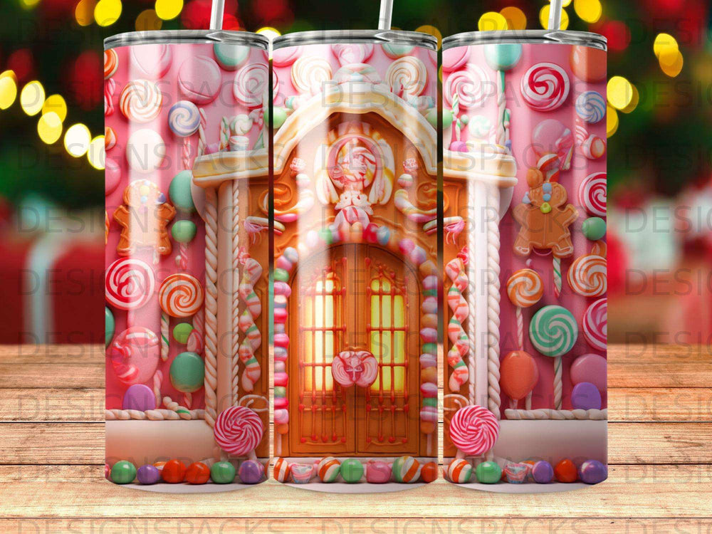 Gingerbread house with colorful candy decorations and wooden doors.
