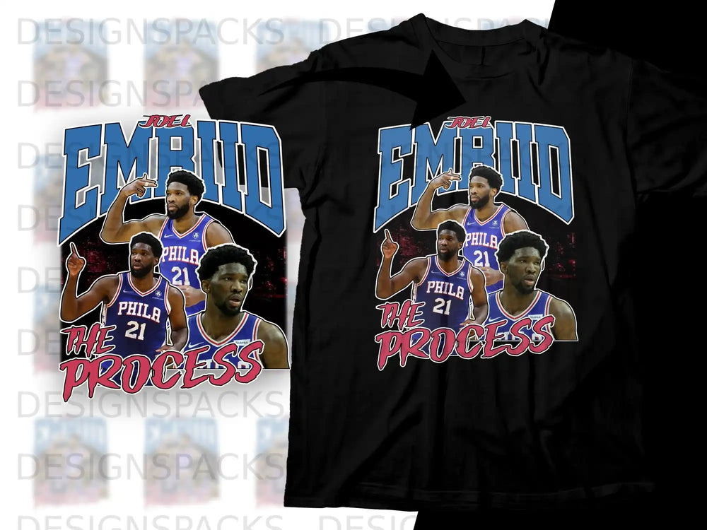 Philadelphia 76ers Joel Embiid t-shirt with "The Process" text.