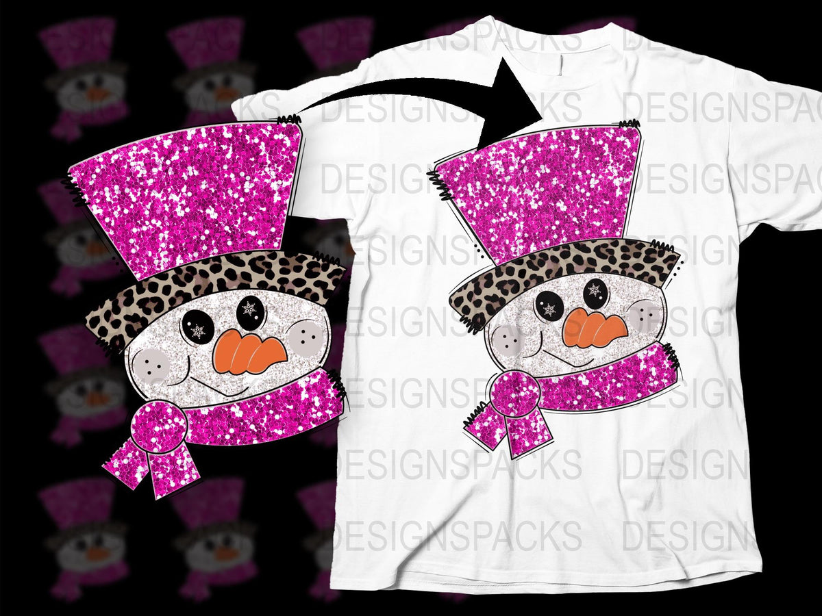Cute Snowman T-Shirt with Pink Glitter Hat and Leopard Print, Winter Fashion Top for Kids and Adults