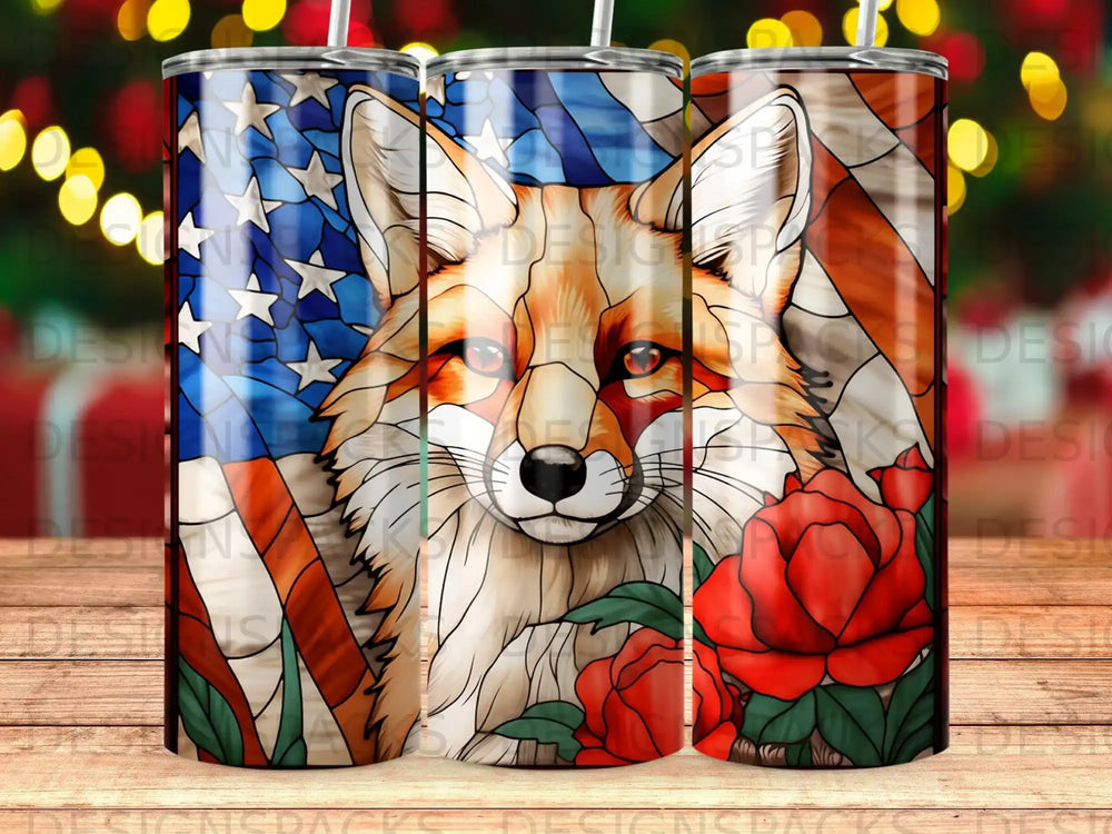 Fox face and patriotic flag with red roses.