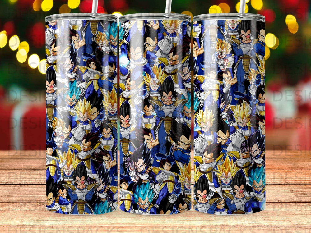 Dragon Ball Z characters Vegeta and Goku depicted on three tumblers.