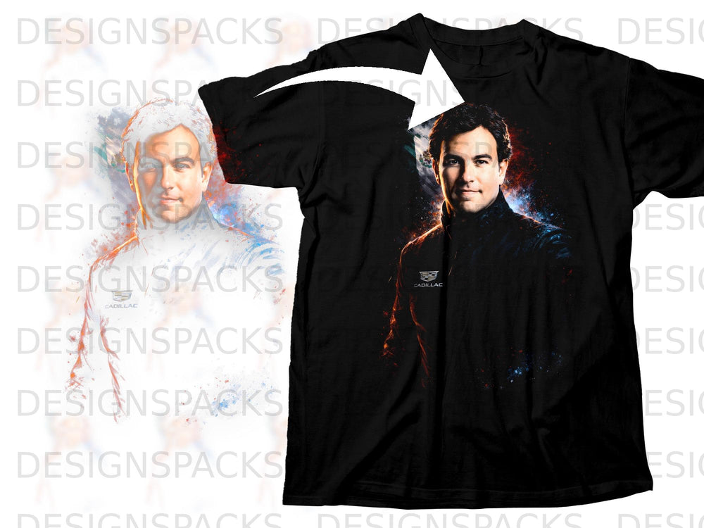 Black t-shirt featuring a portrait of a man with the Cadillac logo.