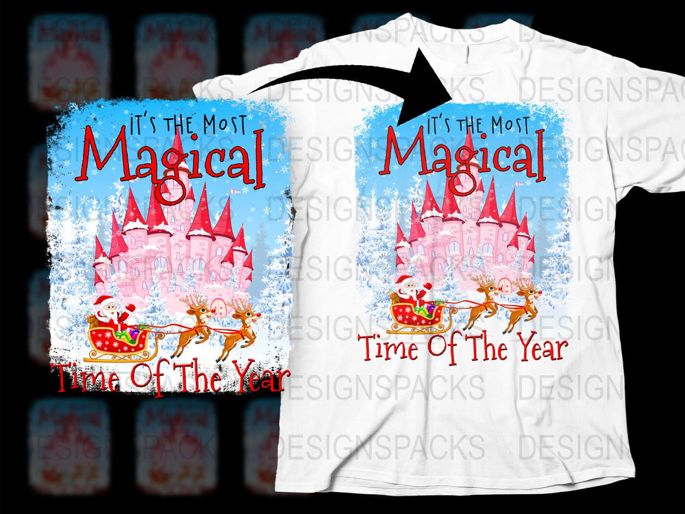 Magical Castle Christmas T-Shirt, Holiday Santa Sleigh Graphic Tee, Festive Winter Apparel, Unisex Clothing Gift Idea
