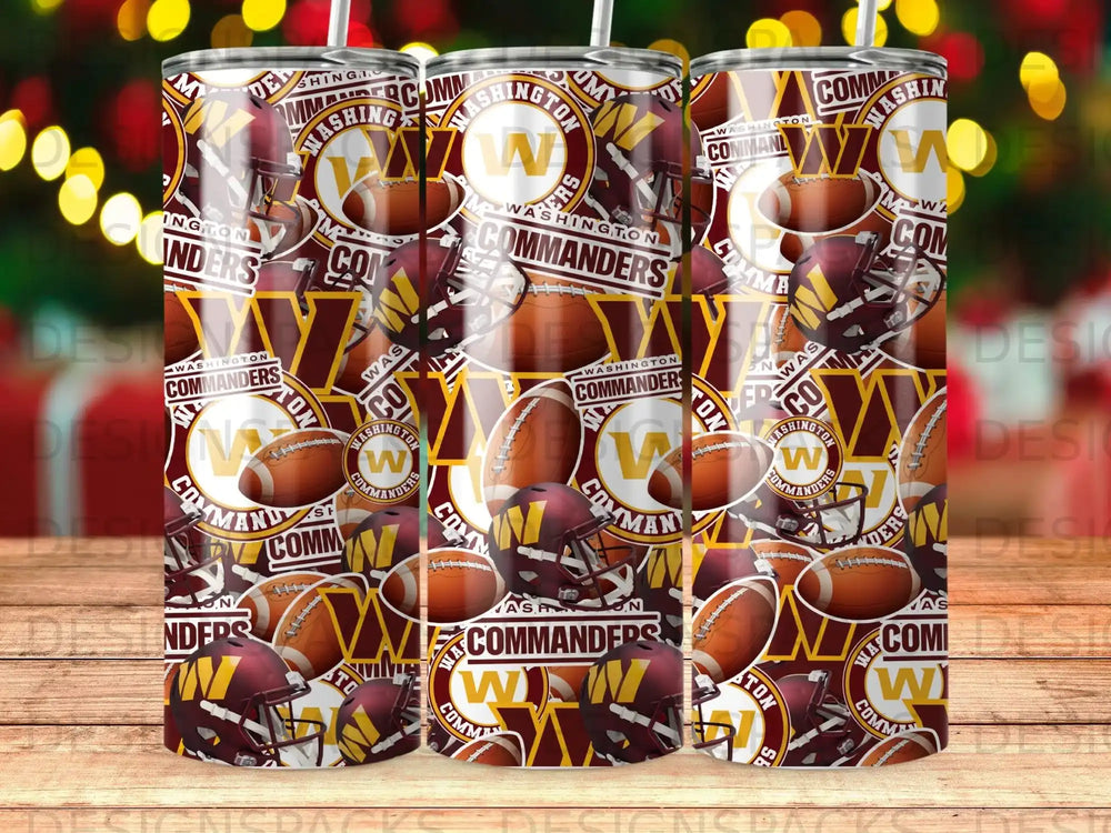Washington Commanders logo and football pattern on cylindrical items.
