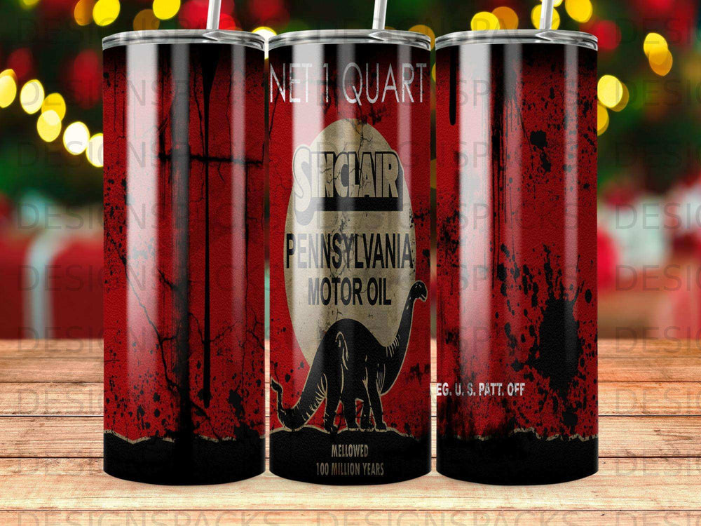 Sinclair Pennsylvania Motor Oil tumbler with dinosaur logo.