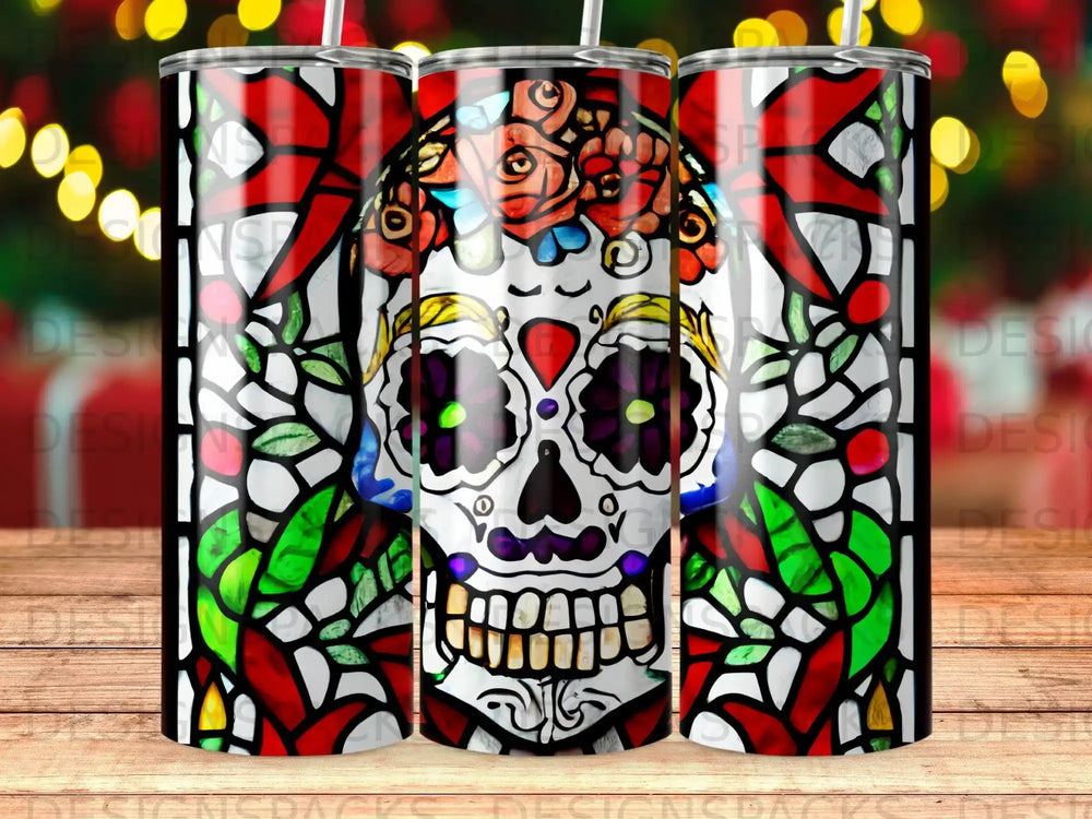 Day of the Dead skull with stained glass floral accents on a tumbler.