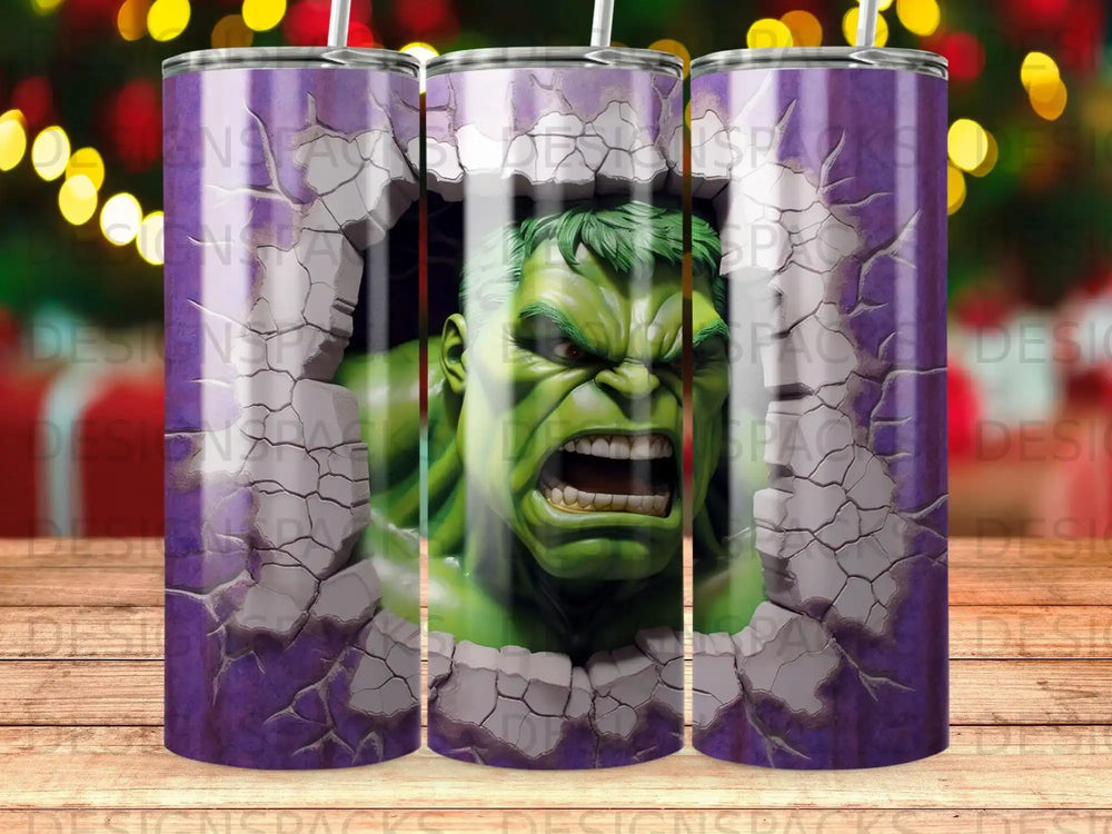 Hulk breaking through purple cracked wall on a tumbler.