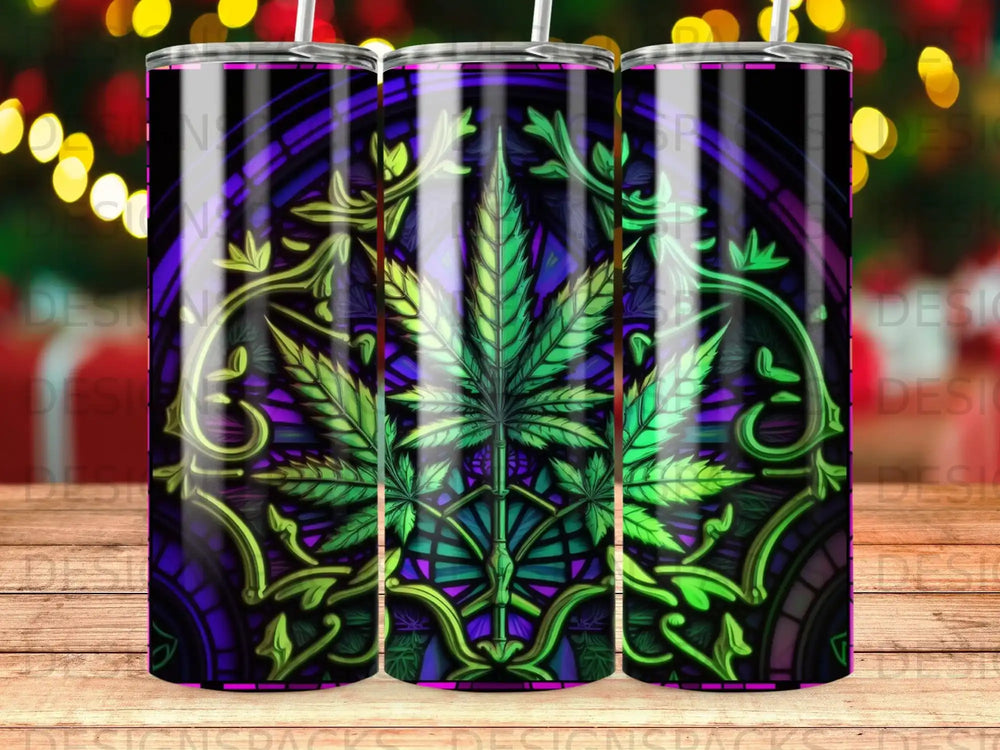 Stained glass tumbler with cannabis leaf and purple floral accents.