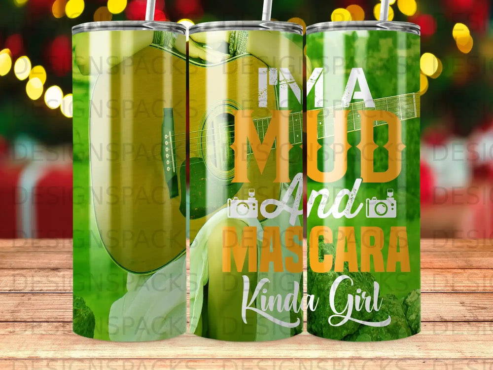 Tumbler with "I'm a Mascara Kinda Girl" text and guitar illustration.