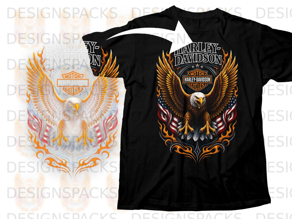 Black t-shirt featuring Harley-Davidson logo with eagle and American flag graphic.