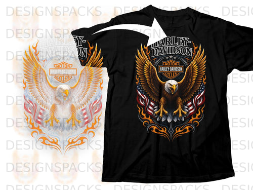 Black t-shirt featuring Harley-Davidson logo with eagle and American flag graphic.
