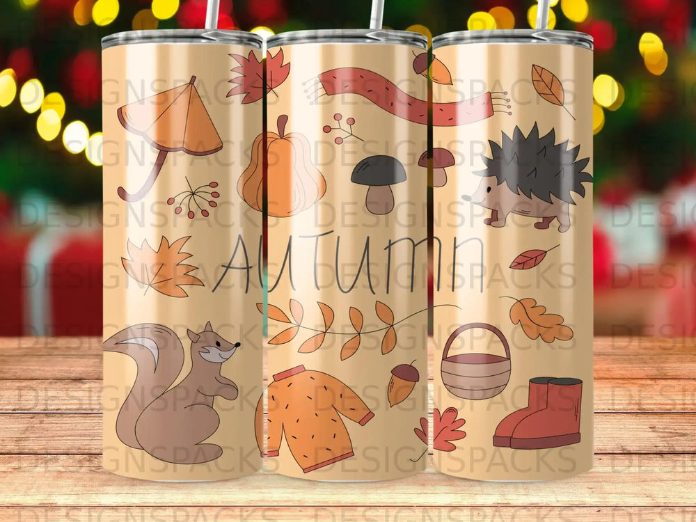 Autumn themed tumbler with squirrel, hedgehog, sweater, leaves, and mushrooms.