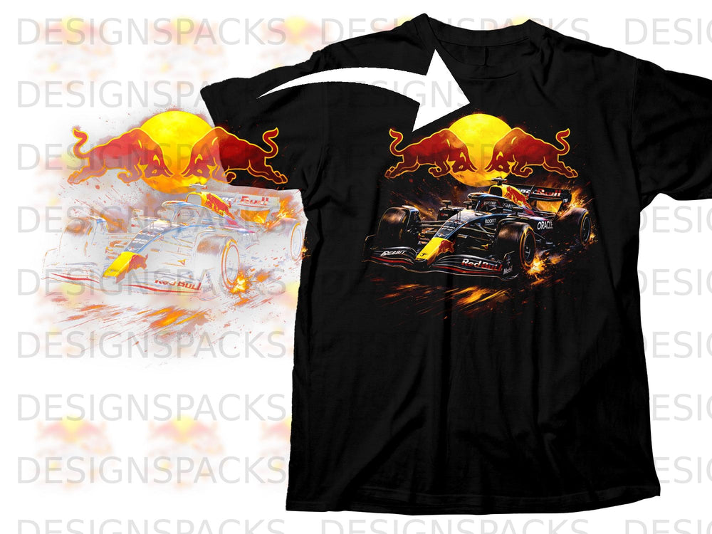Black t-shirt with Red Bull F1 car and bulls graphic and orange flames.