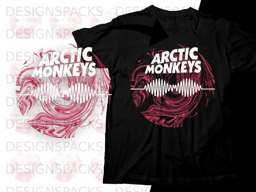 Black t-shirt with Arctic Monkeys logo and pink soundwave graphic.