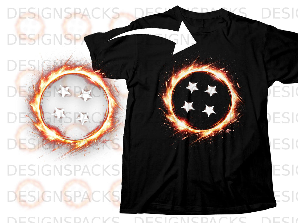 Black t-shirt with a flaming circle and four white stars emblem on the chest.