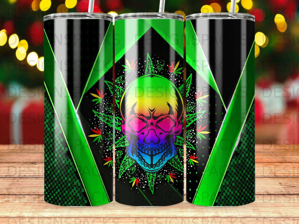 Rainbow skull with cannabis leaves on a green diamond patterned tumbler.