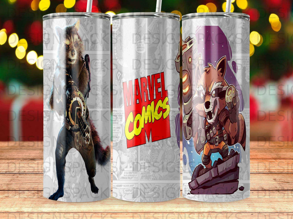 Rocket Raccoon comic art on a tumbler with Marvel Comics logo.