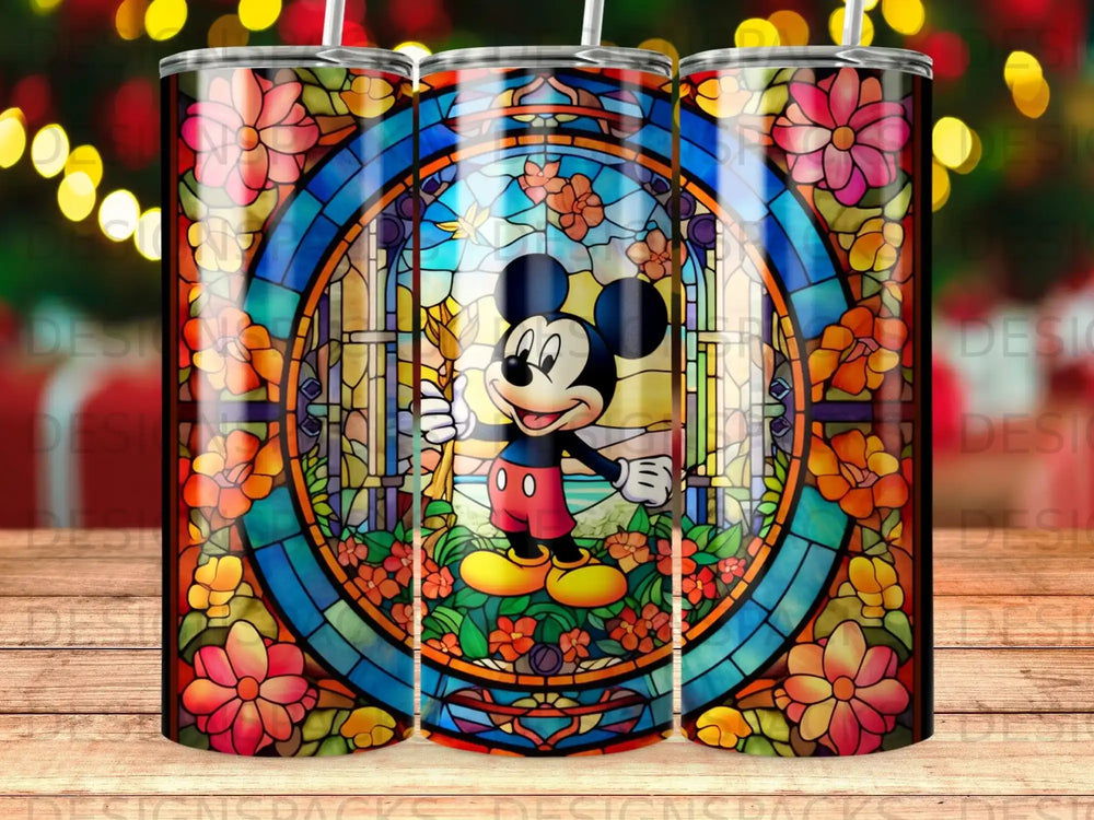Mickey Mouse in stained glass design on a tumbler.