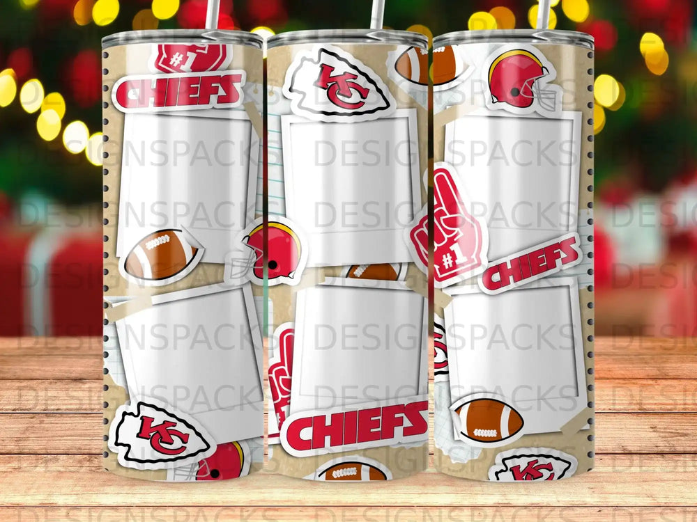 Kansas City Chiefs tumbler with team logos and football graphics.