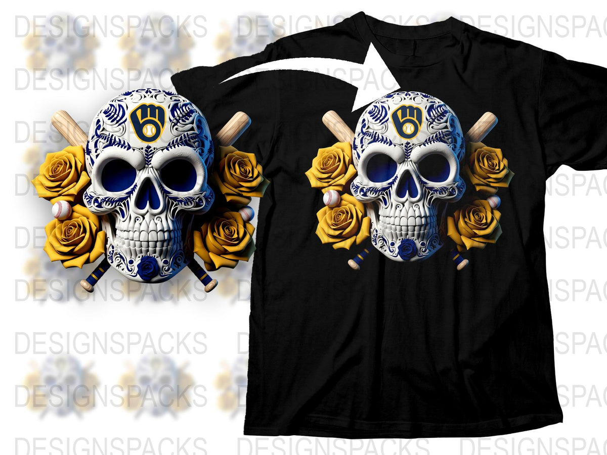Men's Black T-Shirt with Blue and White Skull, Baseball Bats, Yellow Roses Design, Gothic Apparel