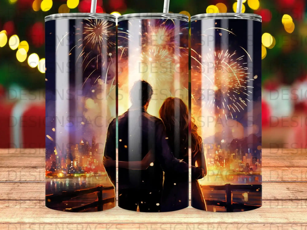 Couple watching fireworks over city skyline.